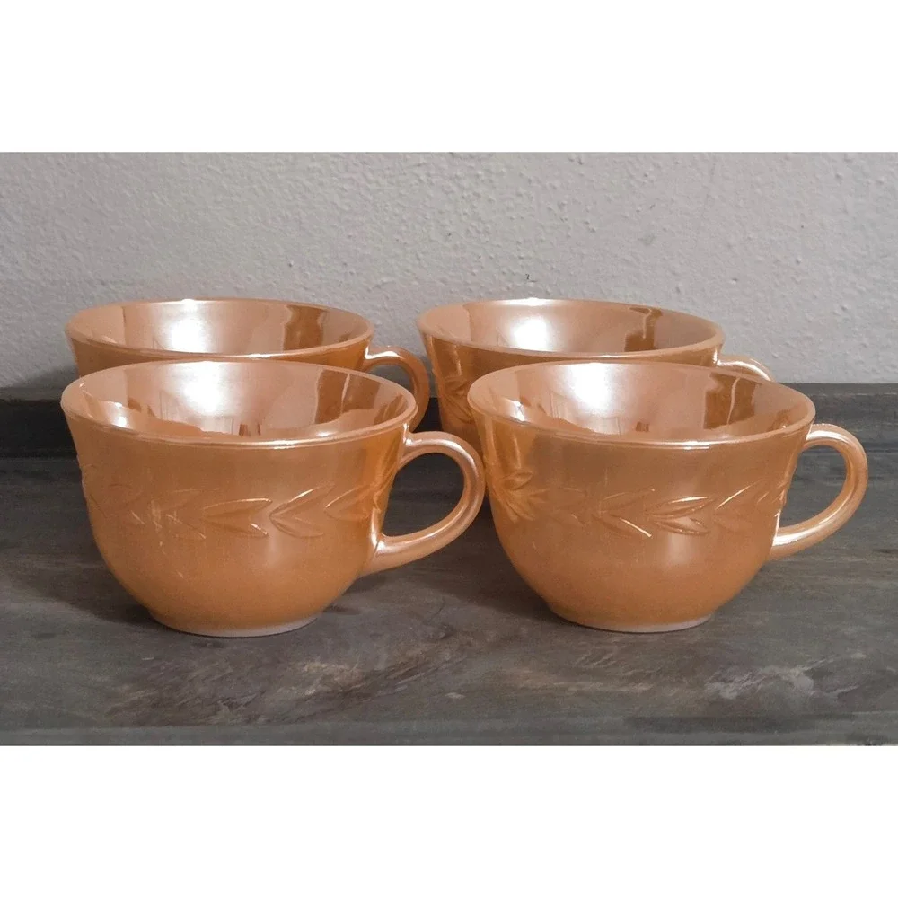 Fire-King Peach Lustre Laurel Tea Cups Set of 4 Vintage Iridescent Milk Glass‎